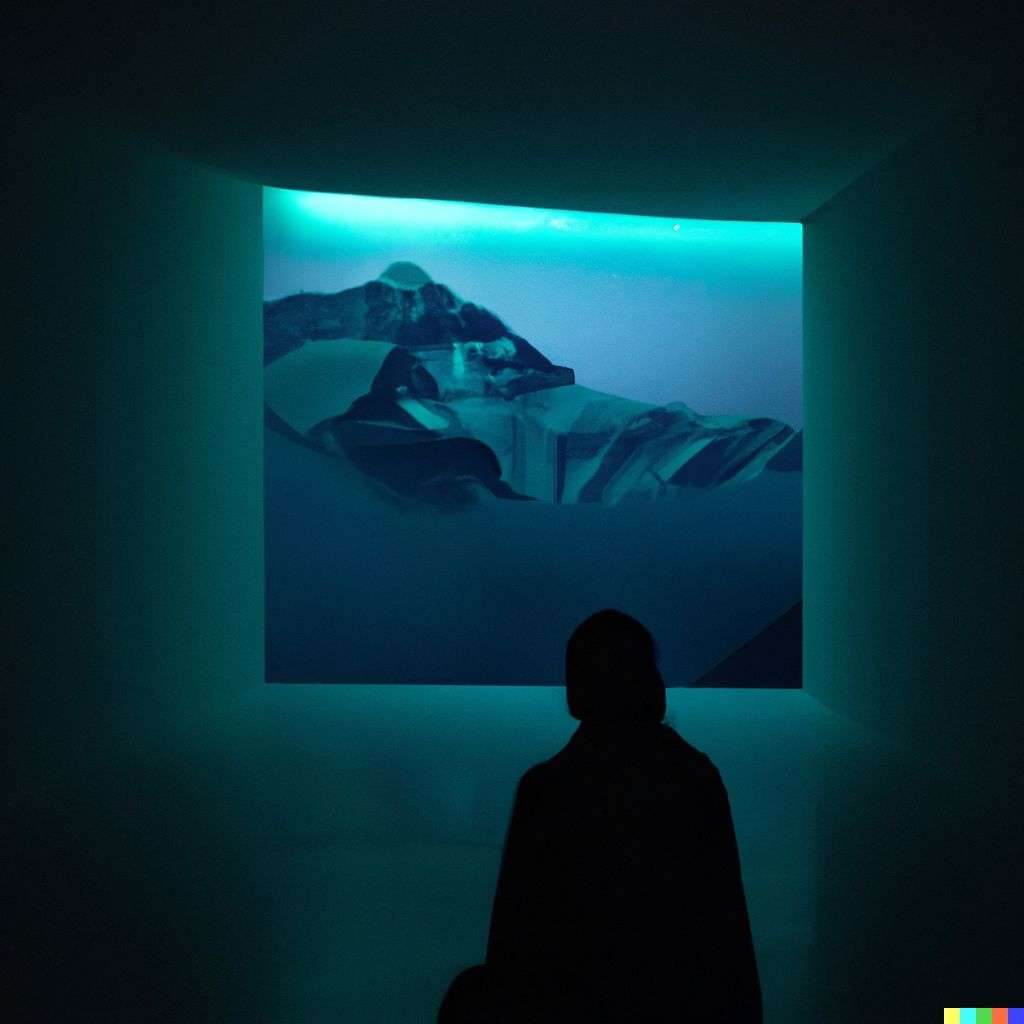 someone gazing at Mount Everest in a light installation by James Turrell, photograph